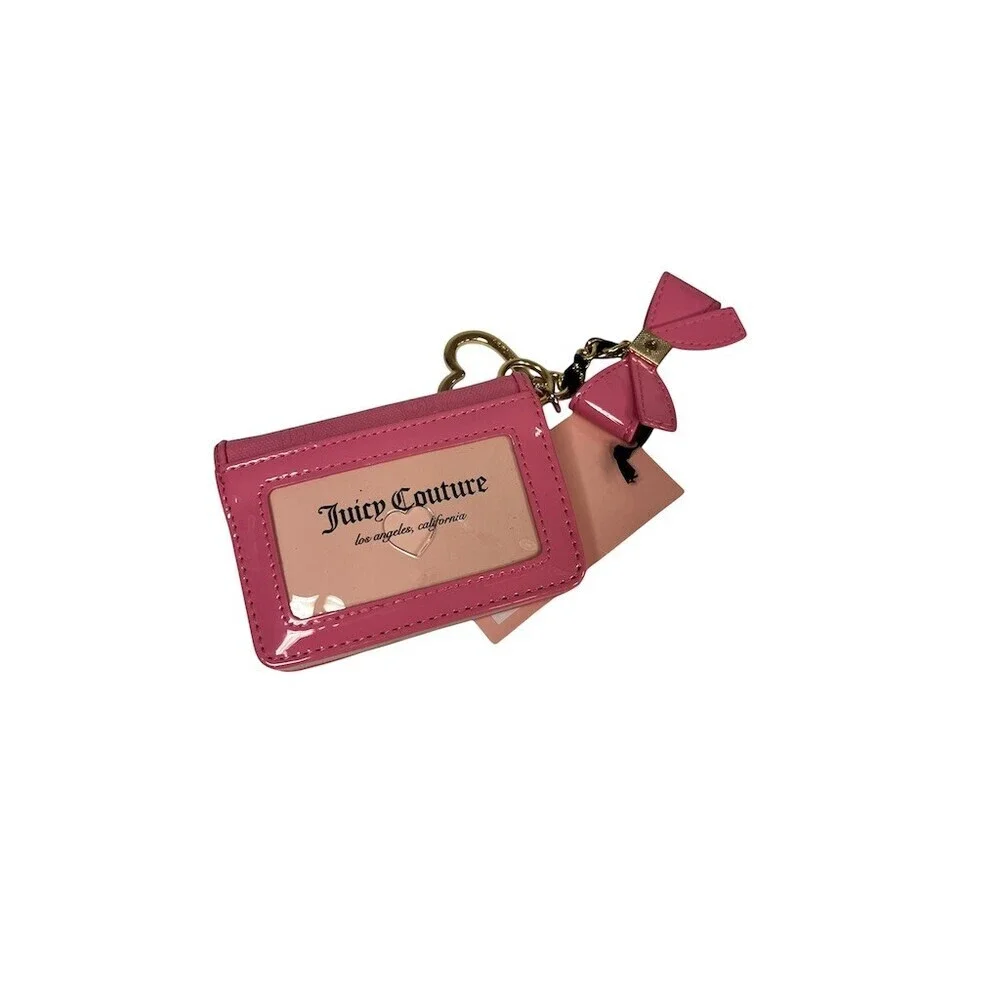 Juicy Couture Wallet Womens Pink Trifold ID Window Bow Charm Key Ring